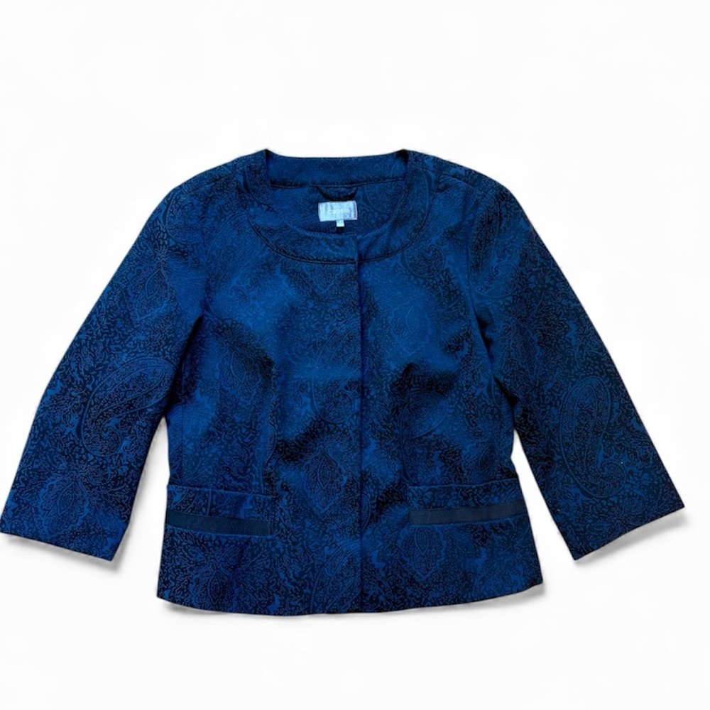 Cassis Navy Blue and Black Jacquard Print Suit Jacket, Size 8